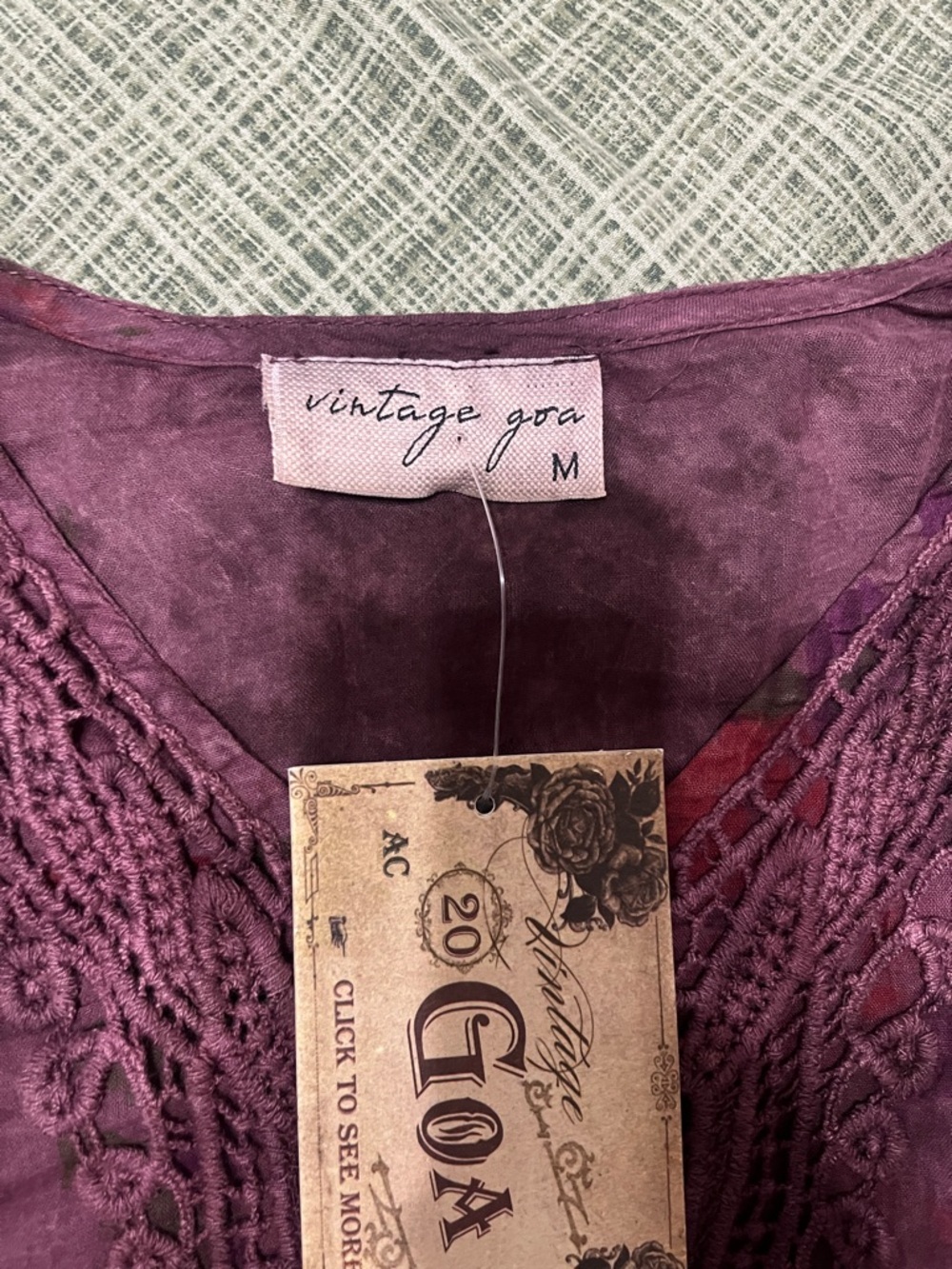 Vintage Goa Lace-Trim V-Neck Tunic in Deep Plum Size M